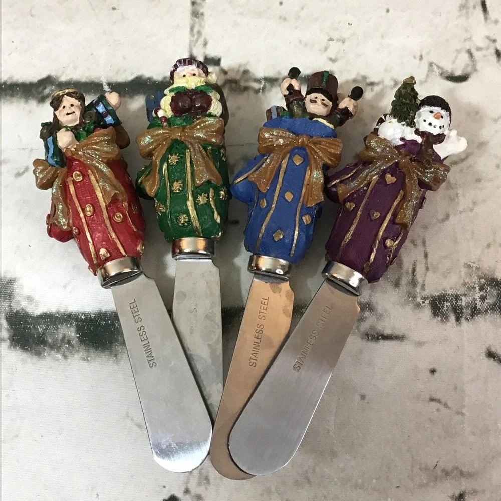 Christmas Cheese Spreader Knives Lot Of 4 Resin Figural Stainless Steel